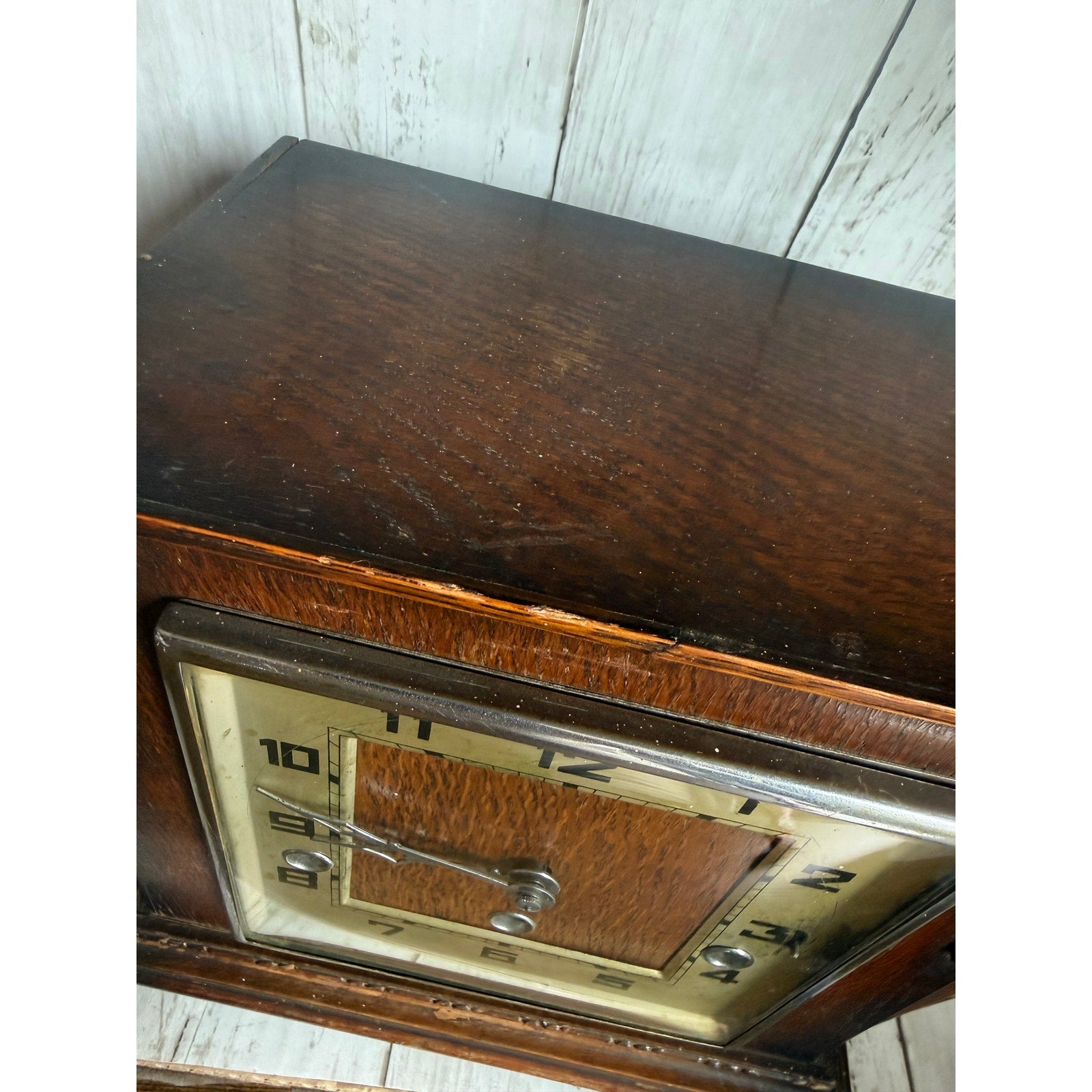 Art Deco Wooden Geometric Mantle Clock, As Is