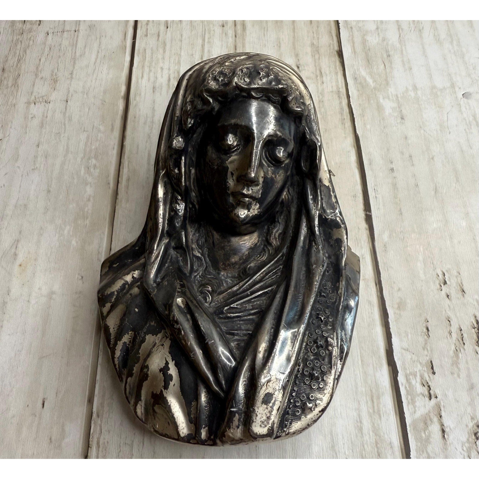 Small JB Jennings Pewter and Silver Coated Mary Wall Figure