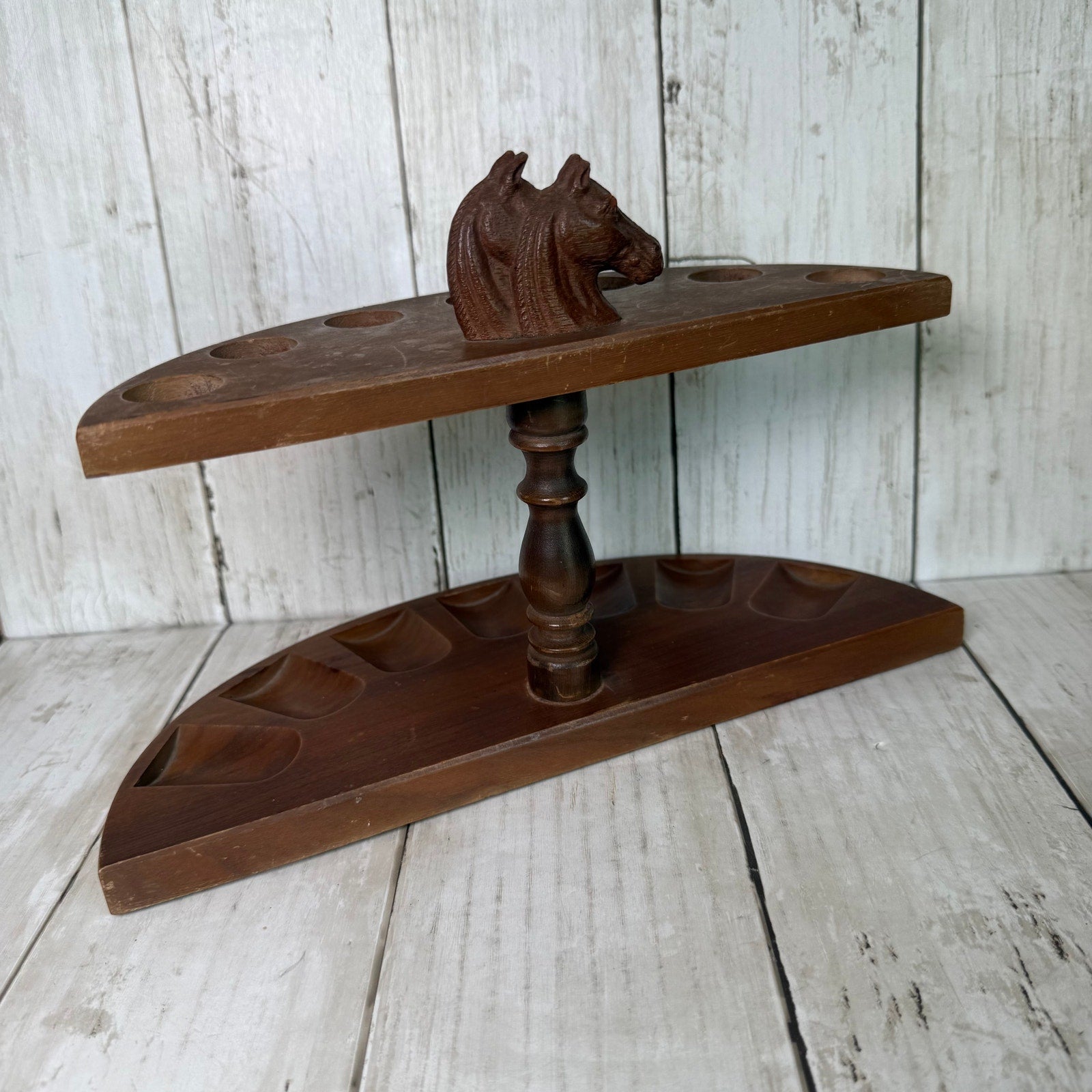 Wooden 7-pipe Stand with Molded Horse Heads
