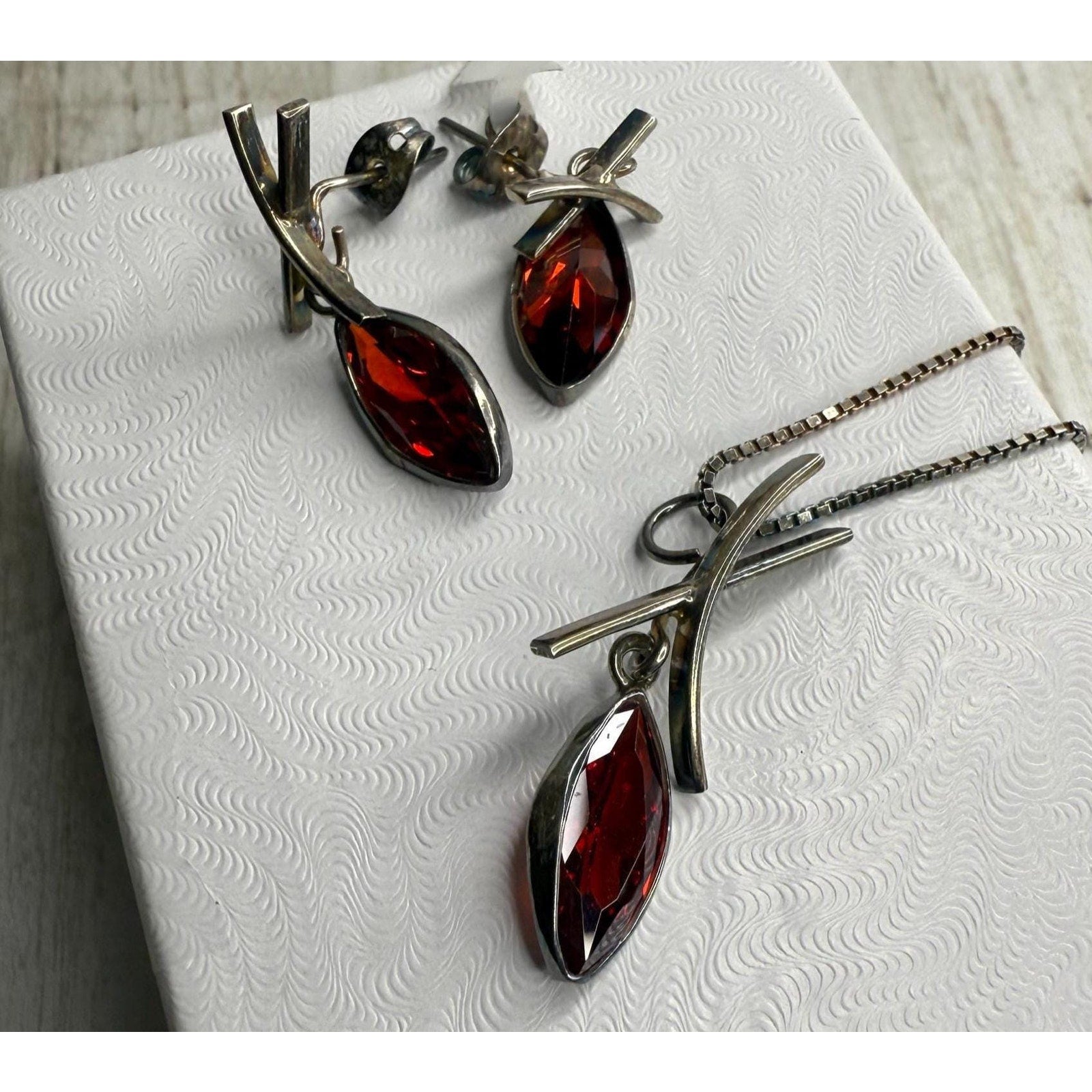 Silver and Garnet Earrings and Necklace