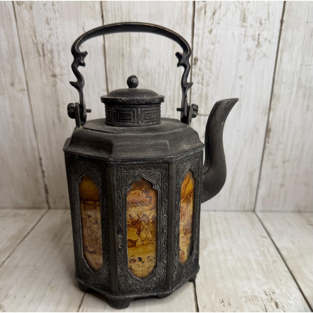 Antique Pewter and Painted Panel Chinese Teapot