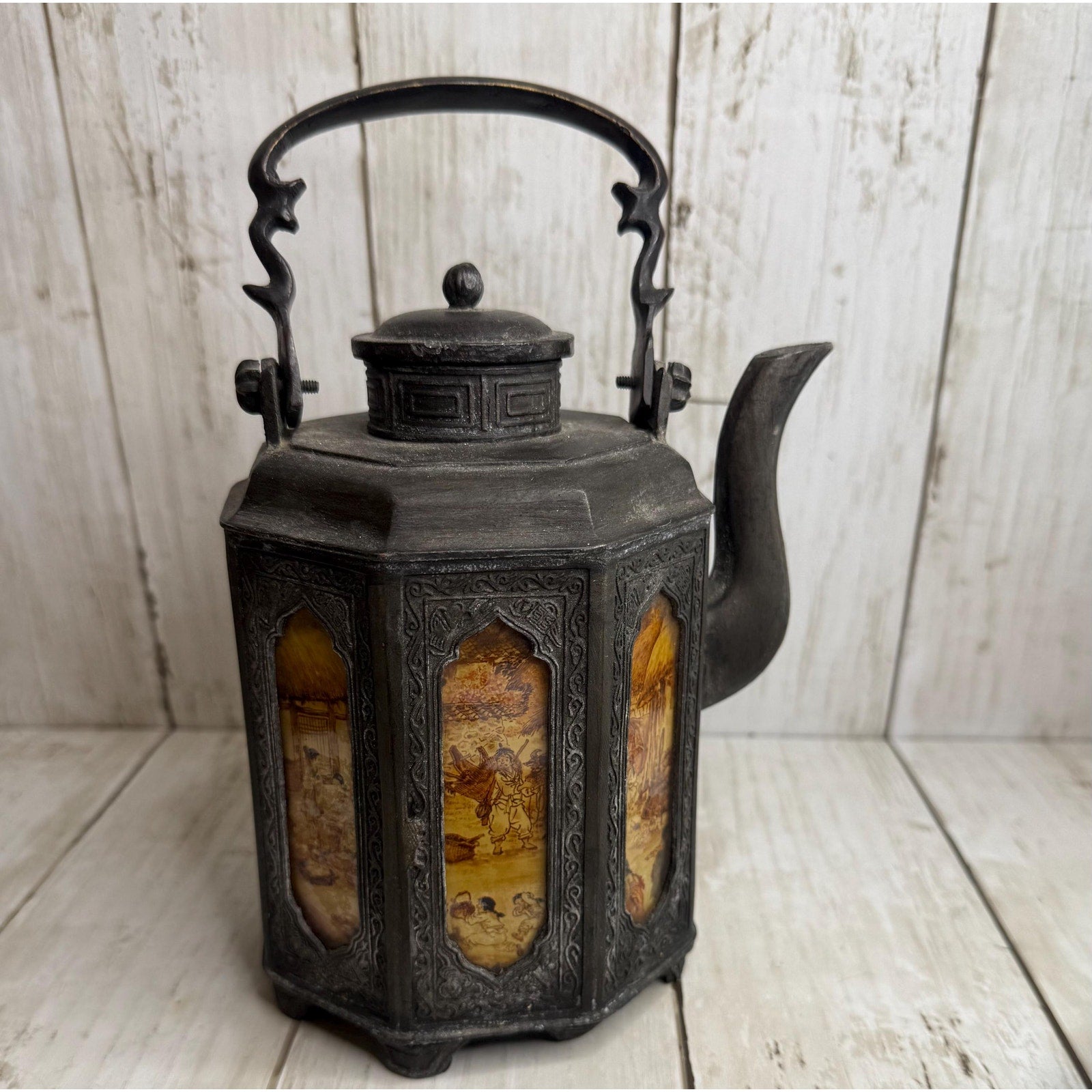 Antique Pewter and Painted Panel Chinese Teapot