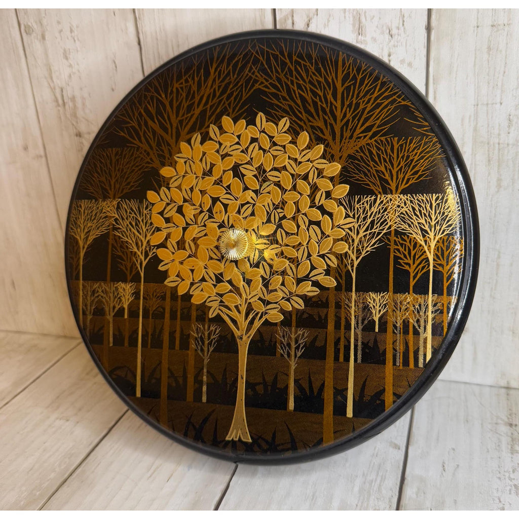 Otagiri OMC Lacquered Dish w/Lid Divided Liner 9" Black & Gold MCM Japan