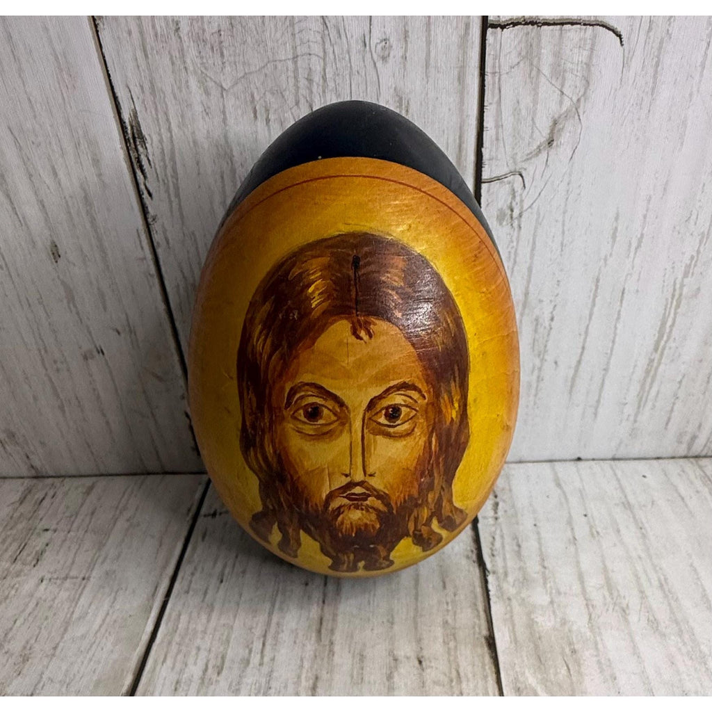 Jesus, Mother Mary Orthodox Russian Black Lacquer Wooden Hand Painted Egg