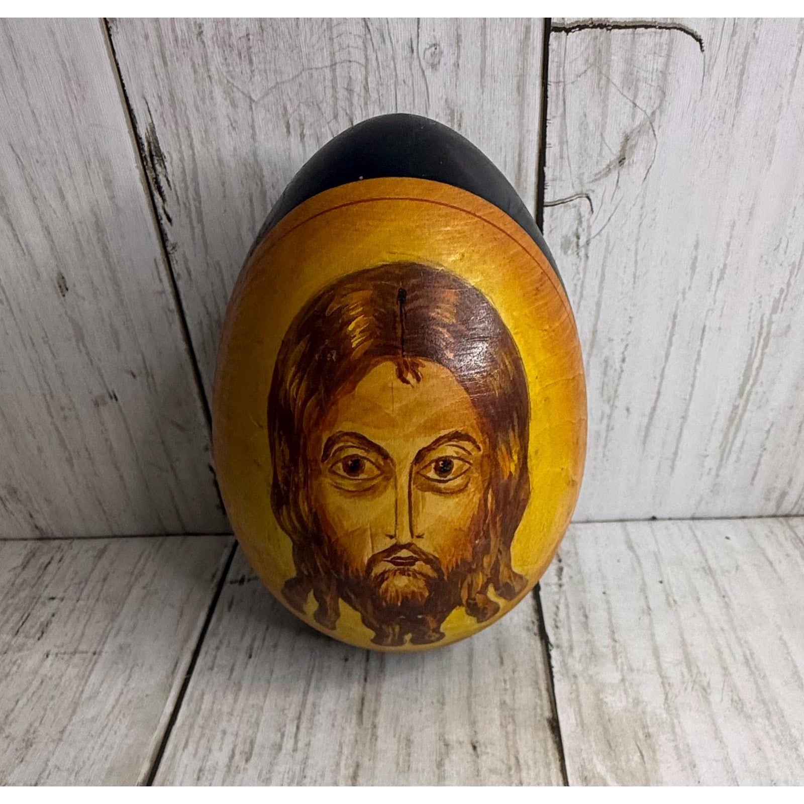 Jesus, Mother Mary Orthodox Russian Black Lacquer Wooden Hand Painted Egg