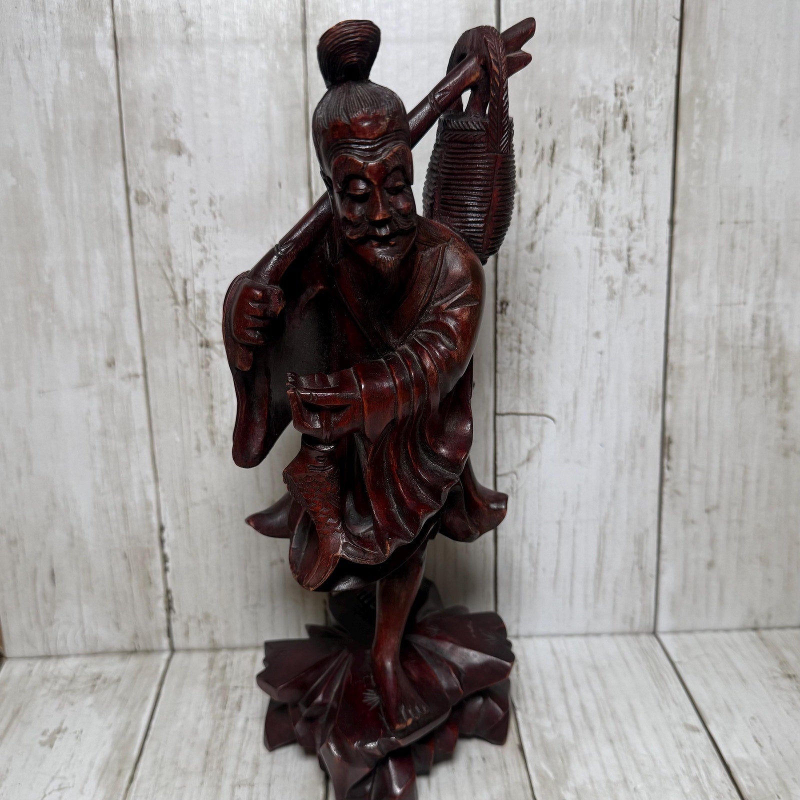 Chinese Hand Carved Rosewood Figurine of Fisherman