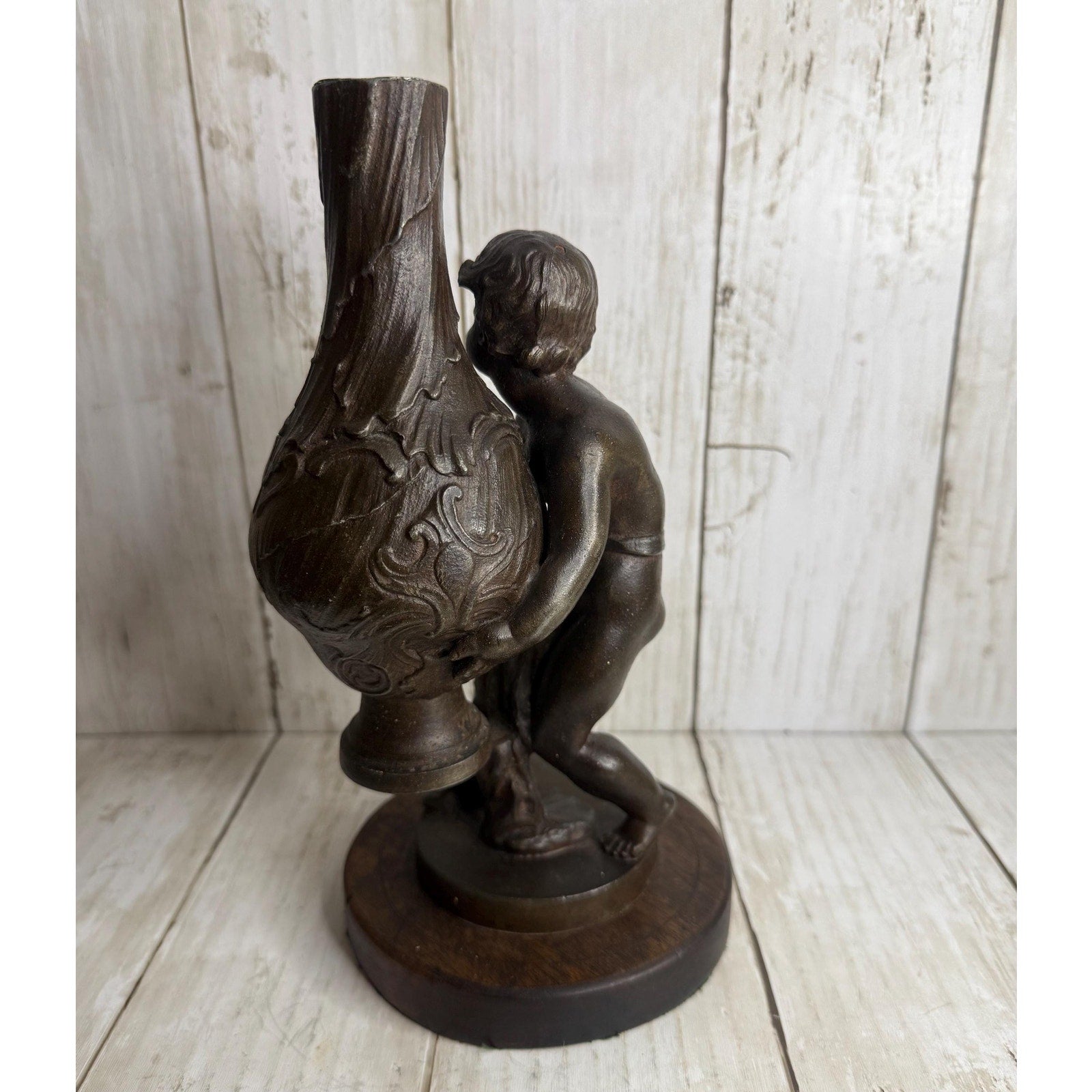 Unique Spelter Cherub Figure Flower Vase