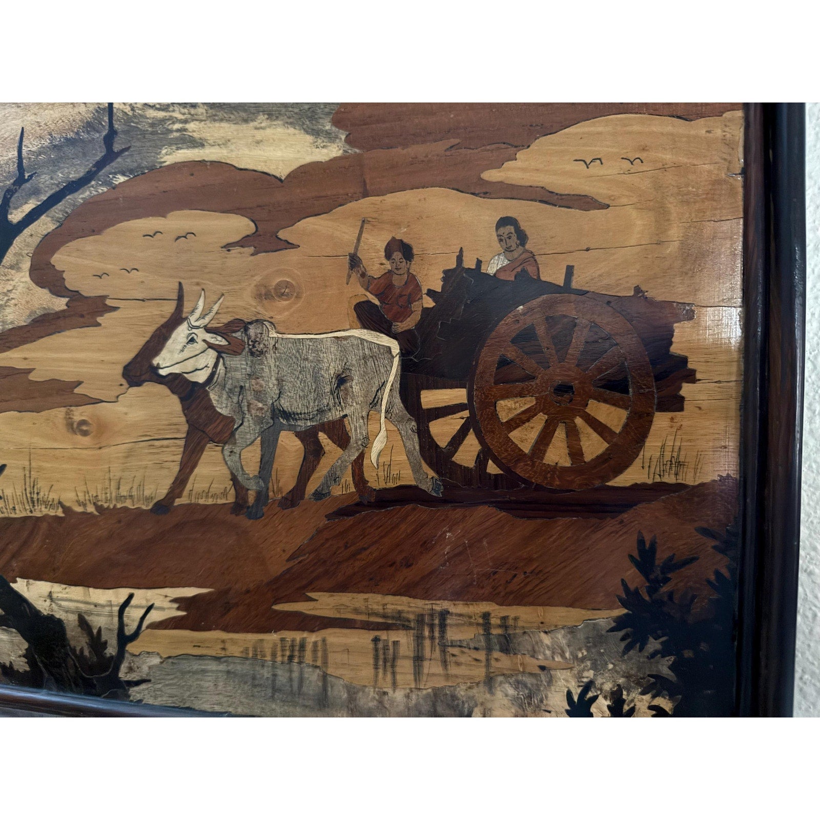 India Framed Wood Inlay Scene of Villagers