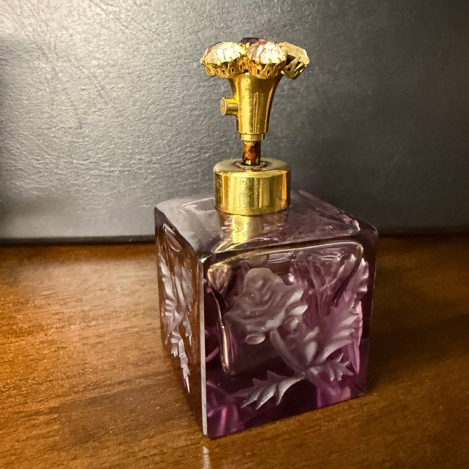 M West Purple Glass Perfume Bottle with Etched Design