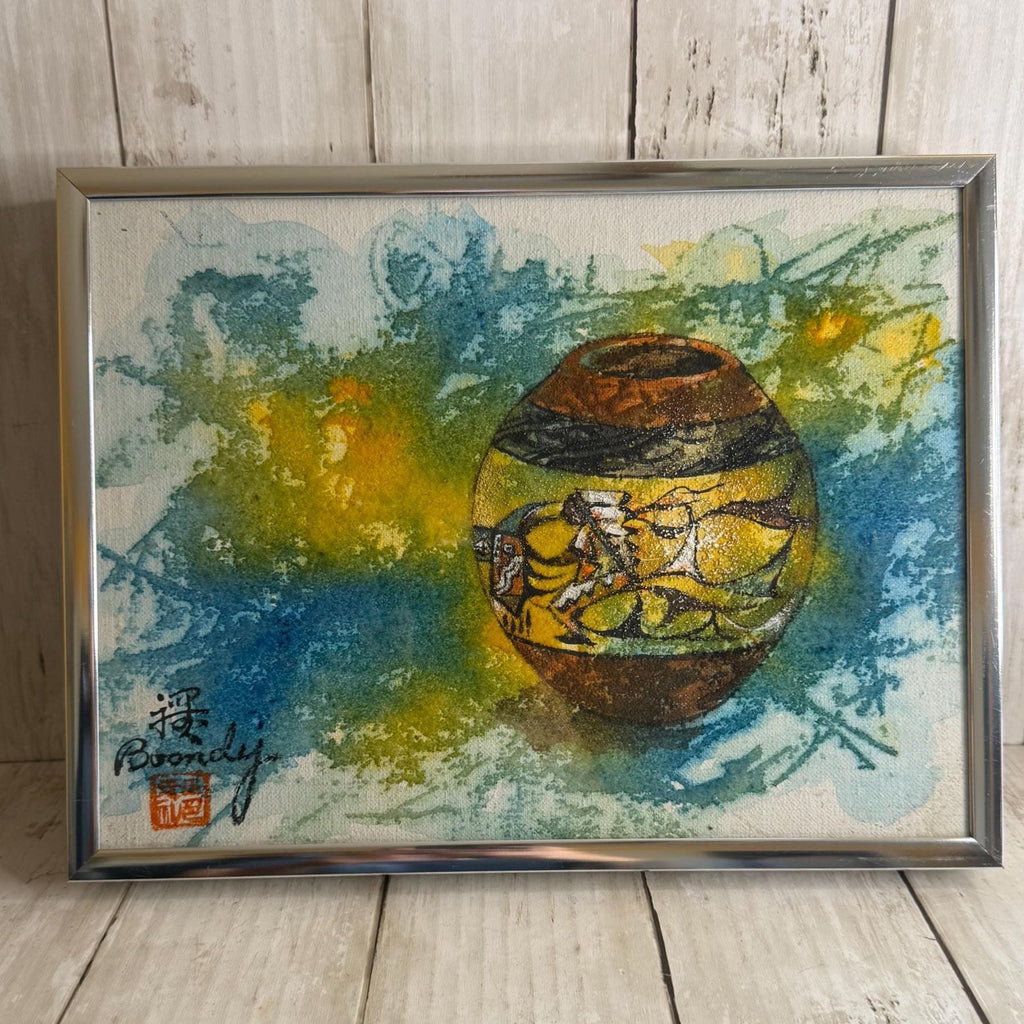 Boondy Wang Painting on Board Mixed Media Native Pottery 12"x9"