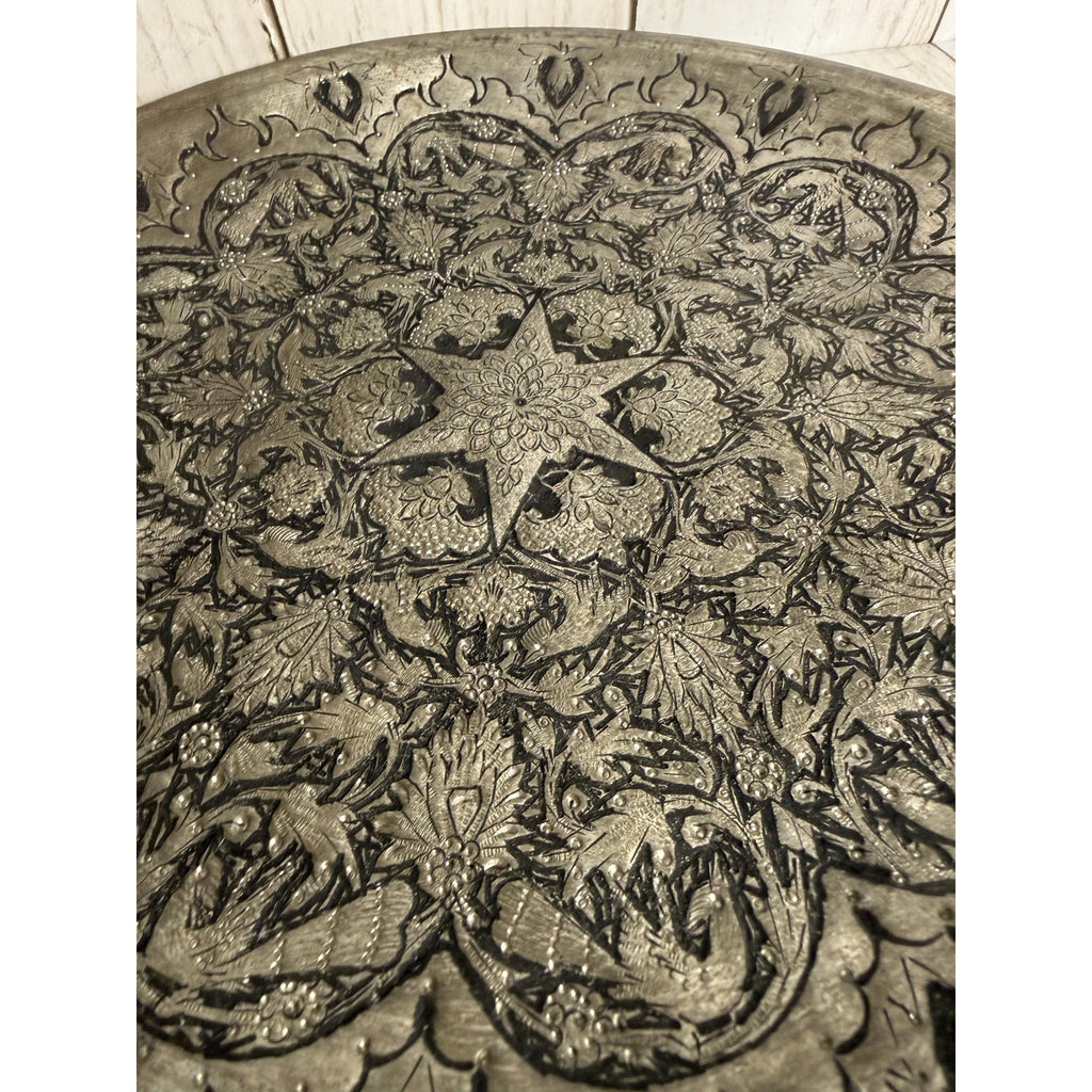 Handmade Middle Eastern Round Silver Tray Star in Center