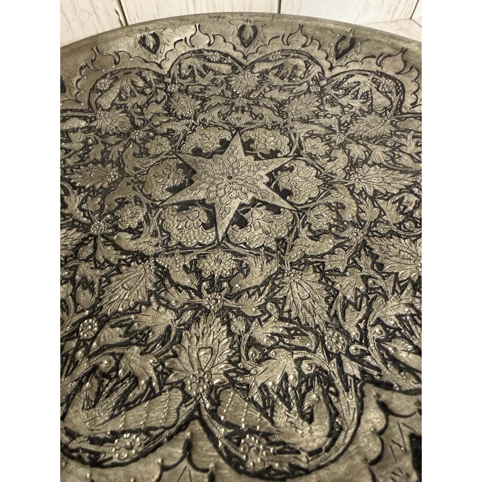 Handmade Middle Eastern Round Silver Tray Star in Center