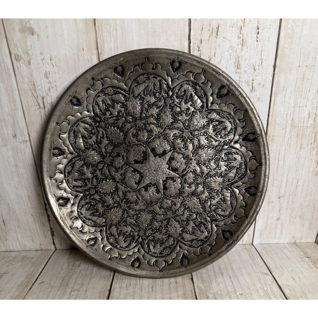 Handmade Middle Eastern Round Silver Tray Star in Center