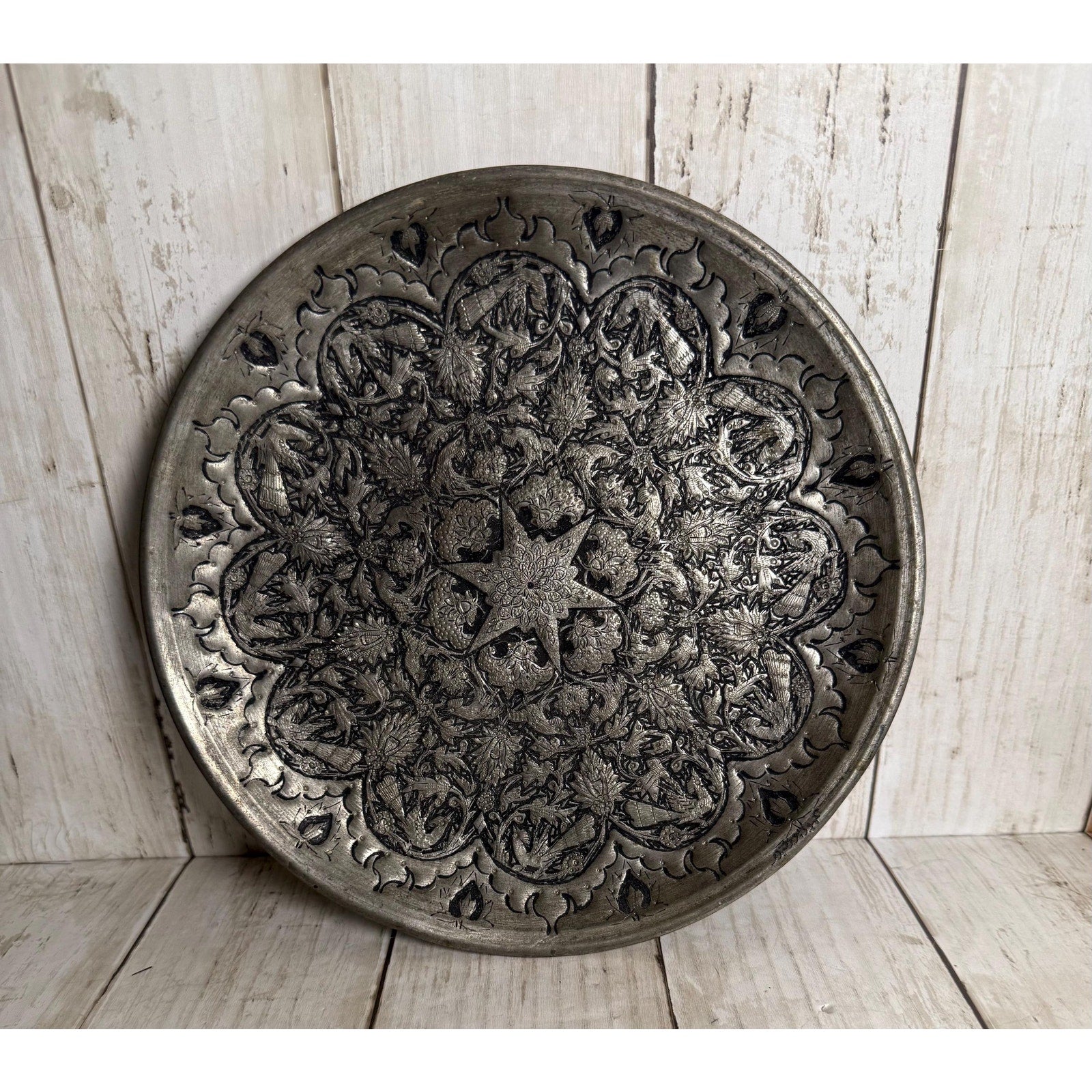 Handmade Middle Eastern Round Silver Tray Star in Center