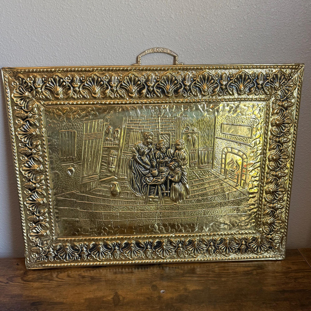 Hammered Brass Fireplace Screen with Victorian Scene