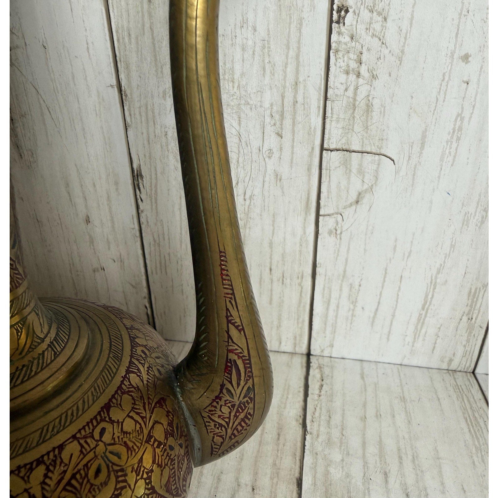 Indo-Persian Saran Brass Ewer with Etched and Painted Detail