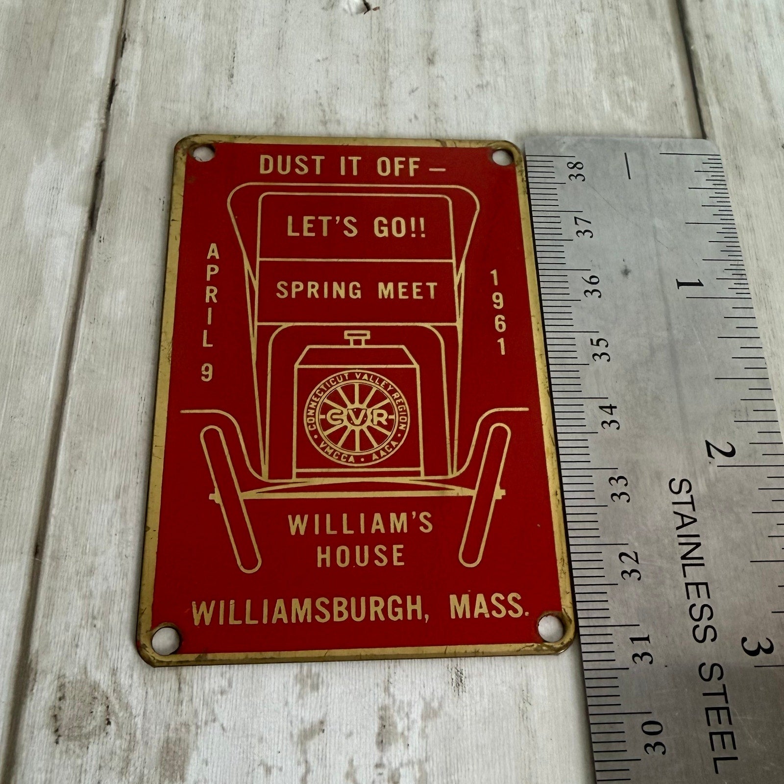 1961 Dash Plaque from the Connecticut Valley Region (VMCCA/AACA) for a Spring Meet held at William's House in Williamsburgh, Massachusetts, on April 9, 1961