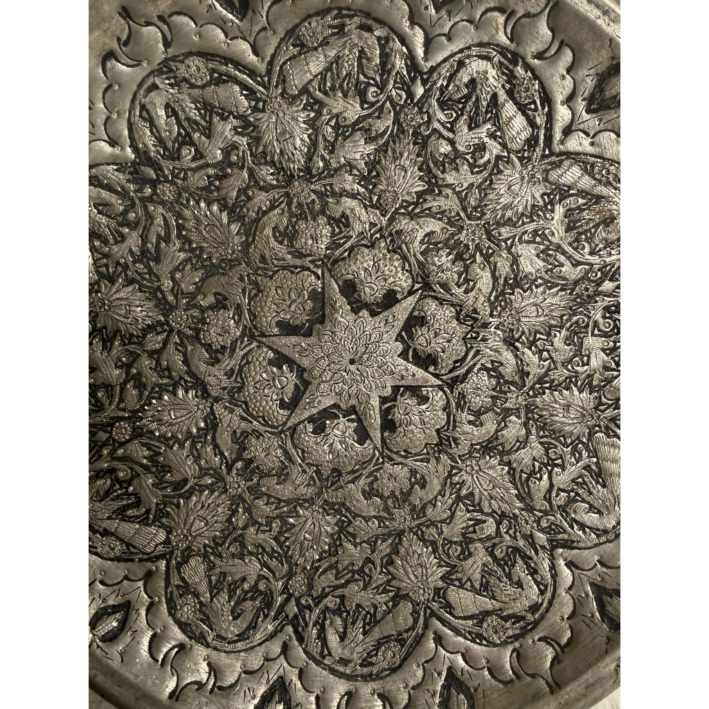 Handmade Middle Eastern Round Silver Tray Star in Center