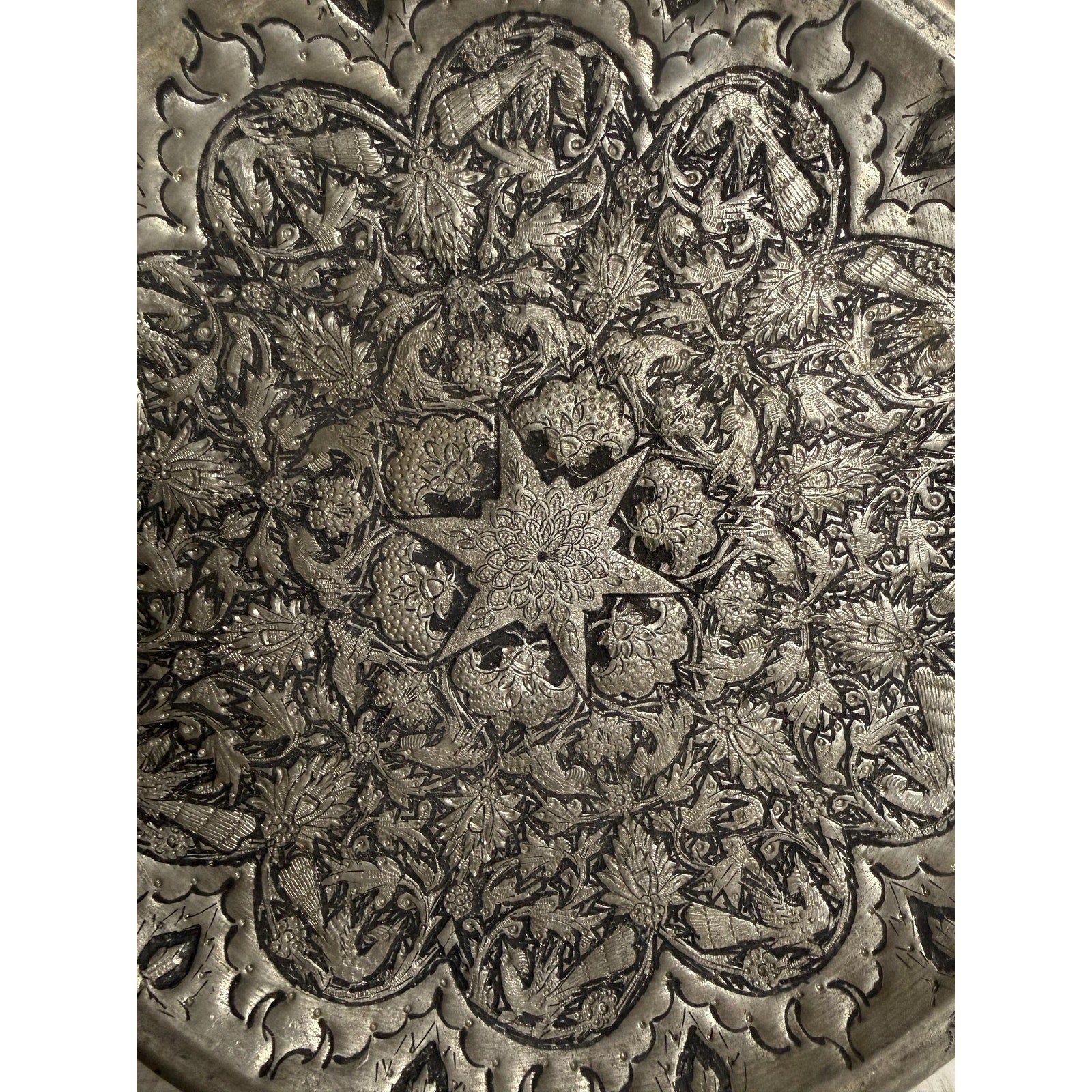 Handmade Middle Eastern Round Silver Tray Star in Center