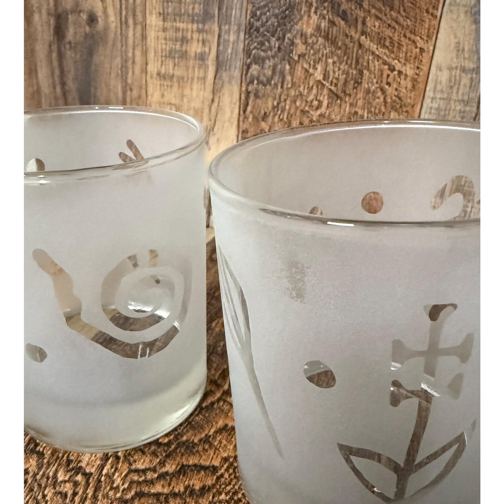 Rare Design - Pair Anchor Hocking Etched Glass Whiskey Glasses