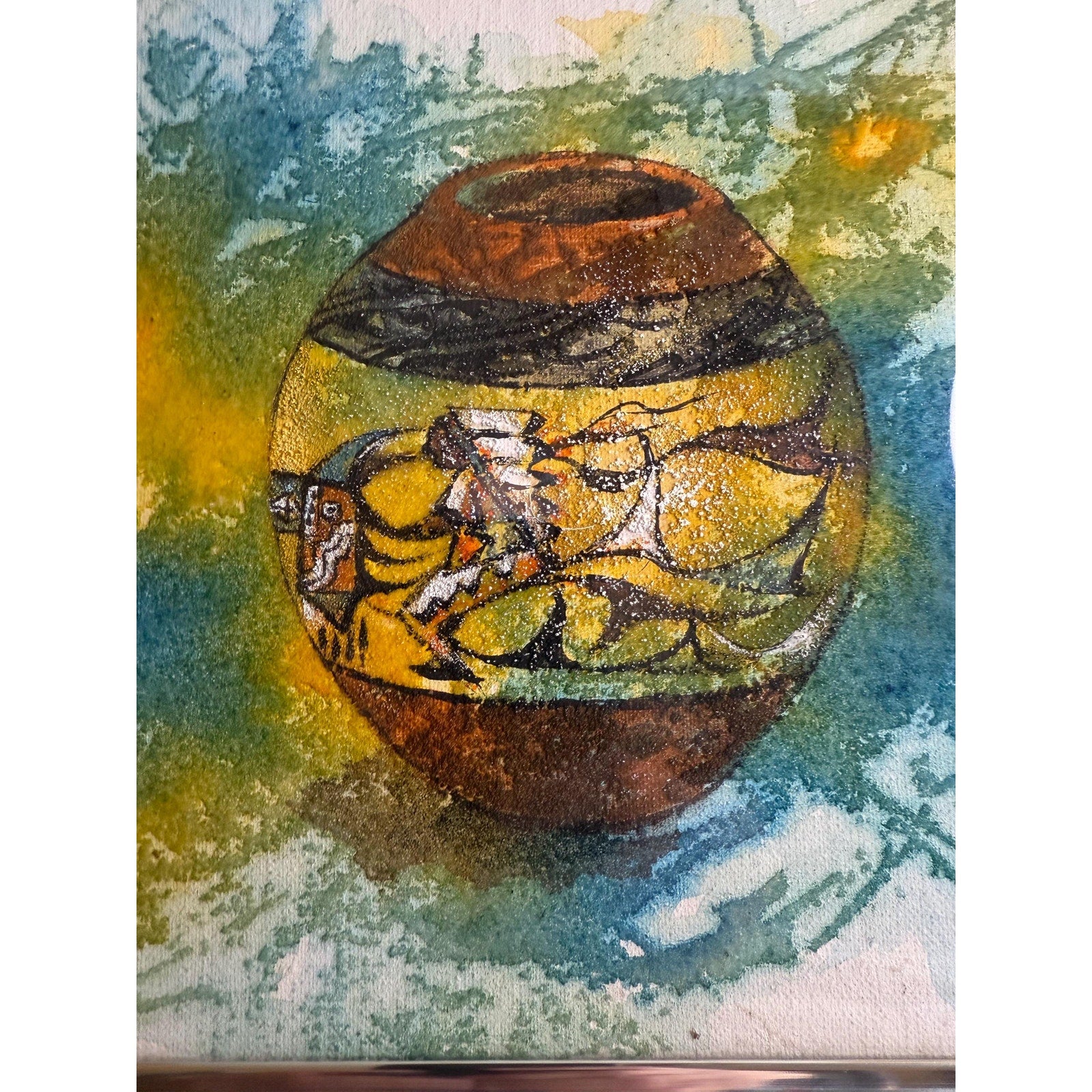 Boondy Wang Painting on Board Mixed Media Native Pottery 12"x9"