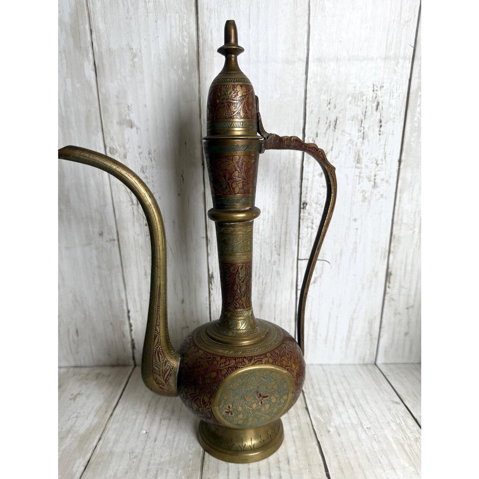 Indo-Persian Saran Brass Ewer with Etched and Painted Detail