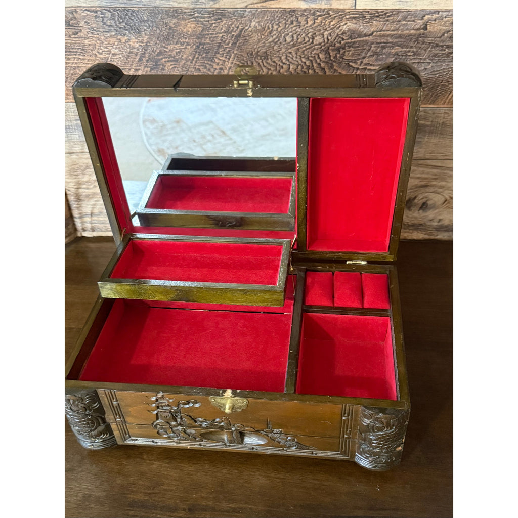 Hand-Carved Asian Wooden Jewelry Music Box