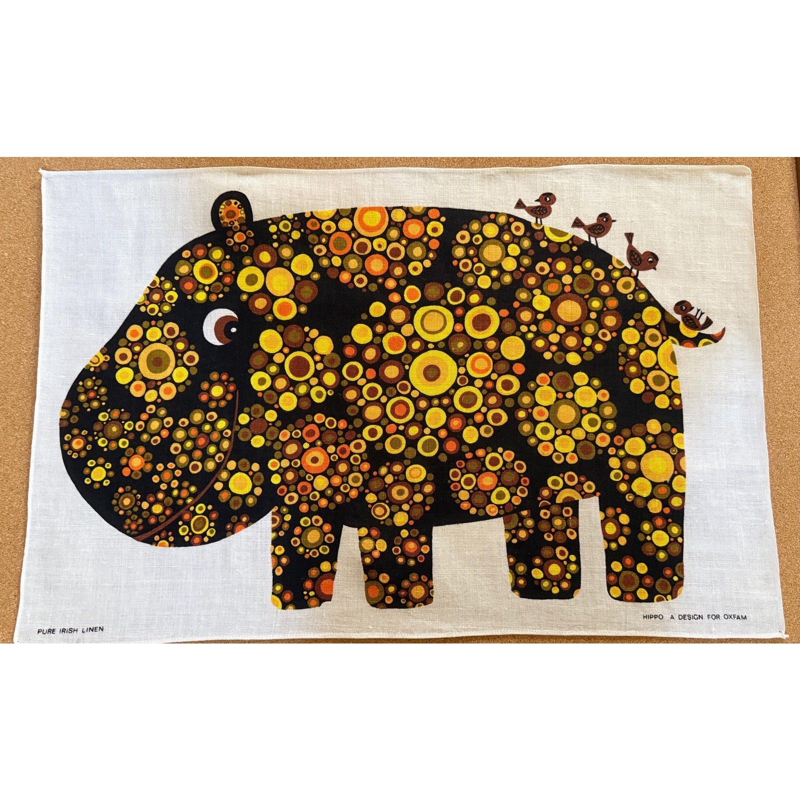 Unused OXFAM Circa 60s/70s BELINDA LYON Happy Hippo Tea Towel Flower Power