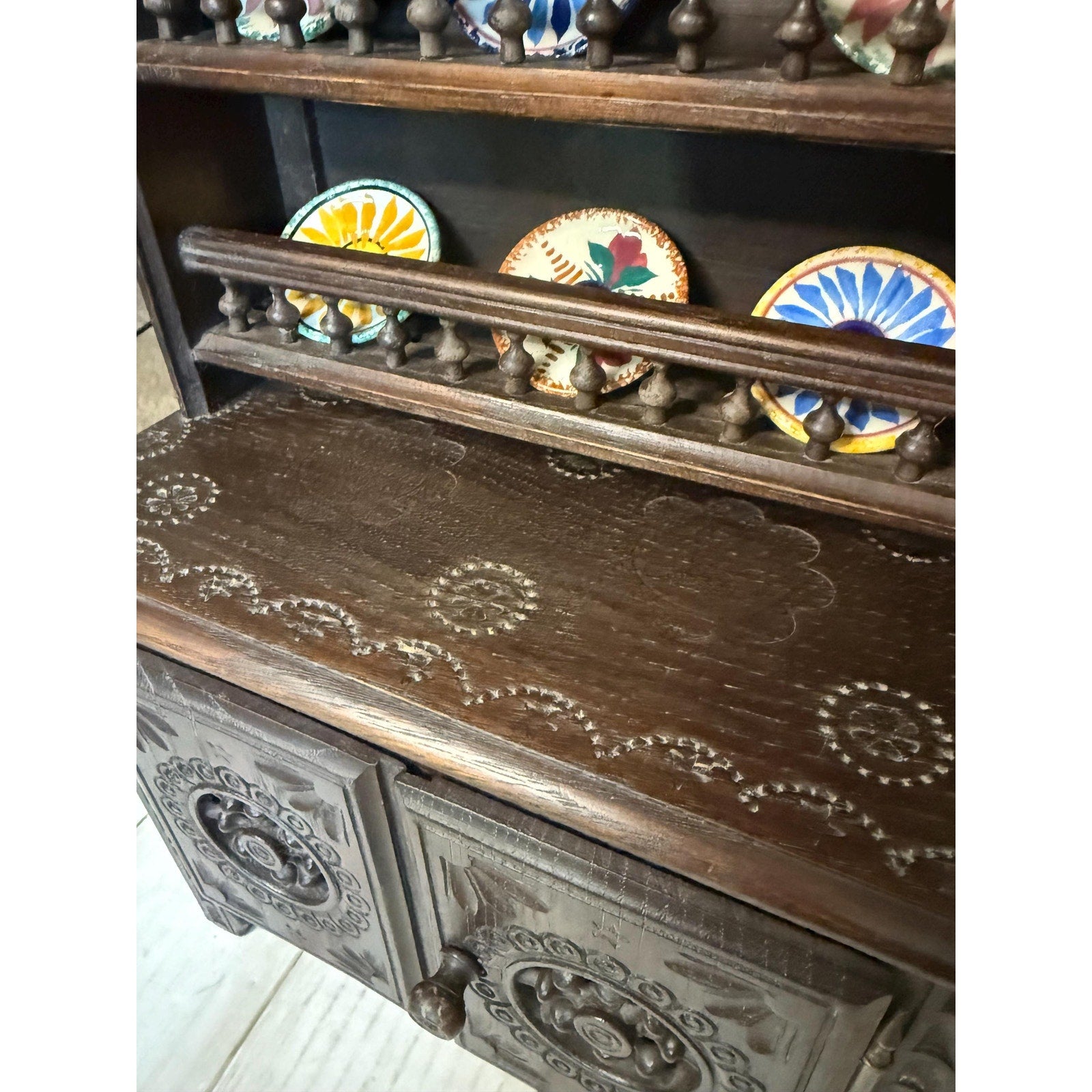 Antique Breton Dollhouse Hutch with Hand Painted Plates