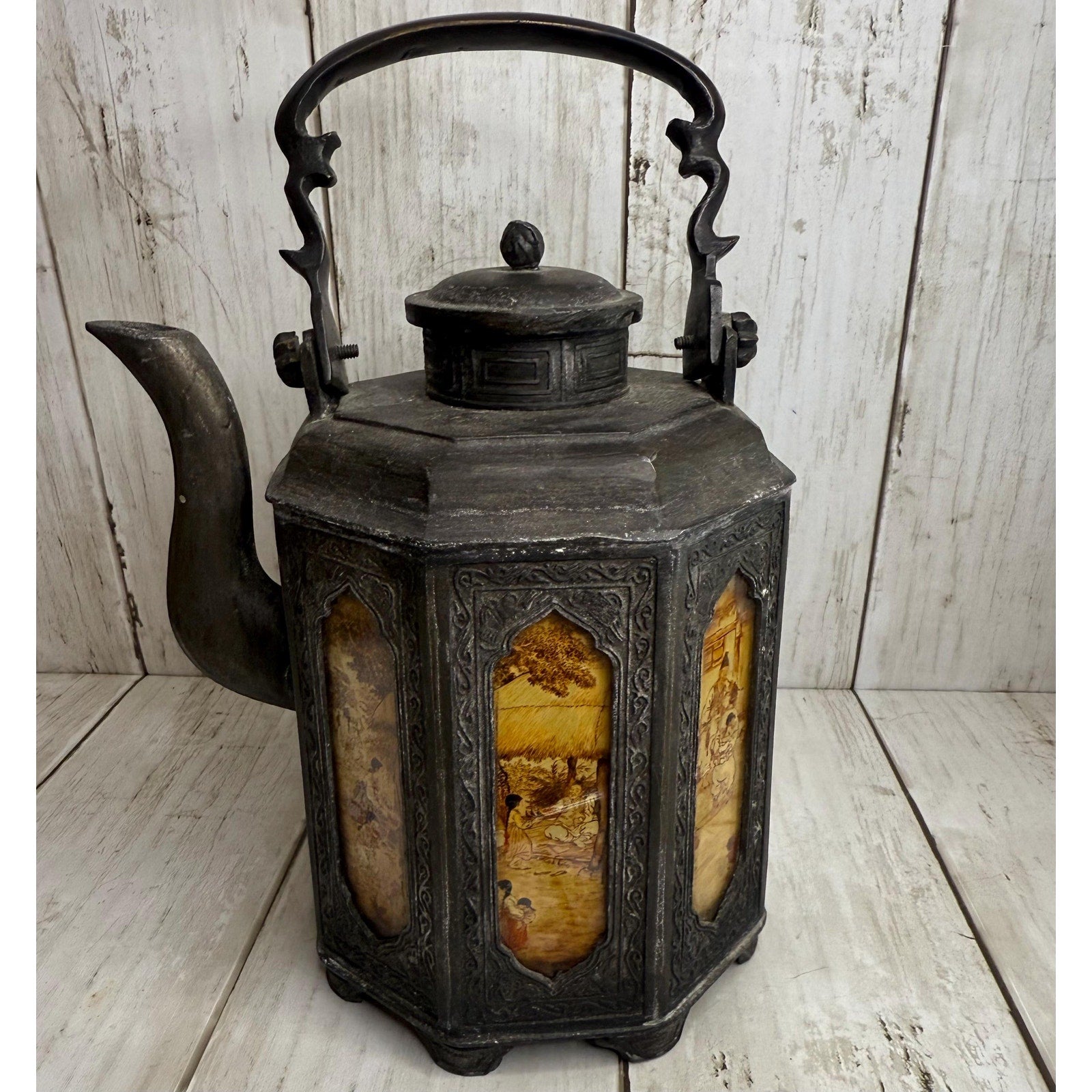 Antique Pewter and Painted Panel Chinese Teapot