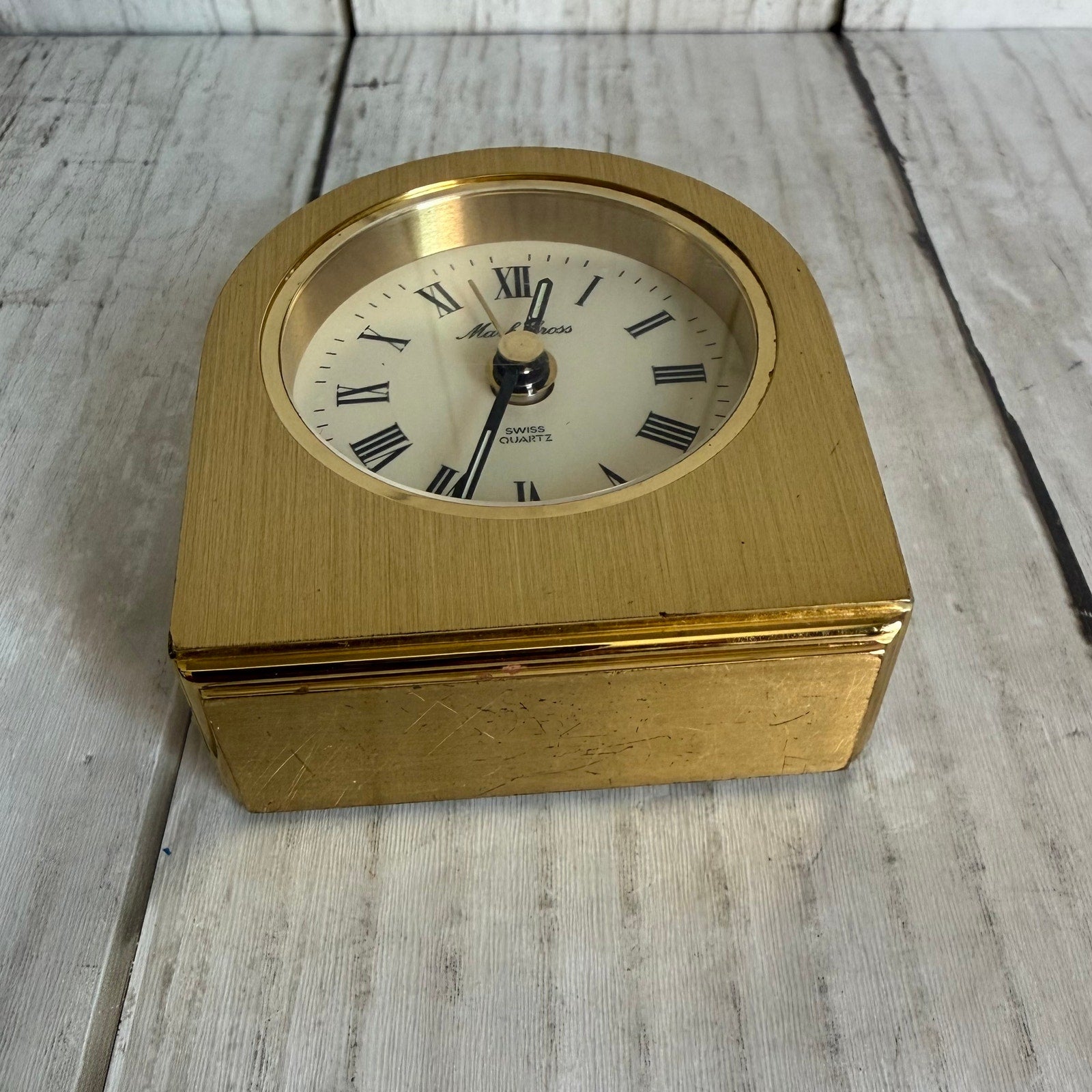 Mark Cross Swiss Quartz Brushed Brass Desk Clock - Needs Repair