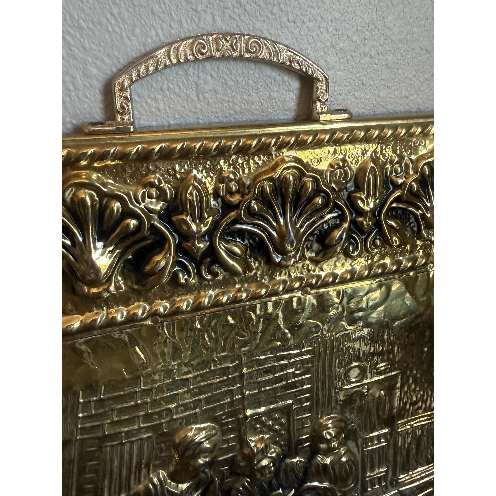 Hammered Brass Fireplace Screen with Victorian Scene