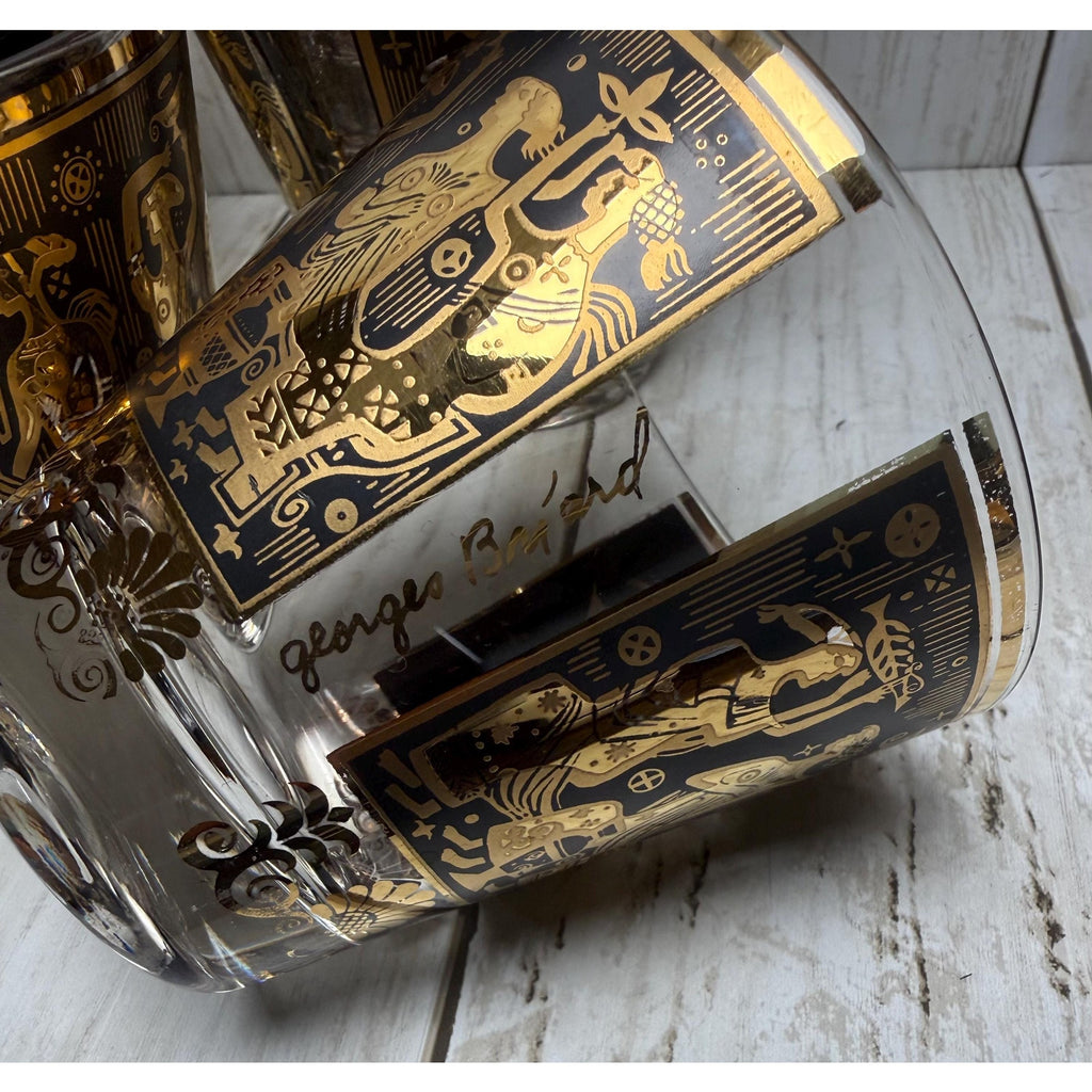 Set of 7 Georges Briard Gold and Black Egyptian Glasses