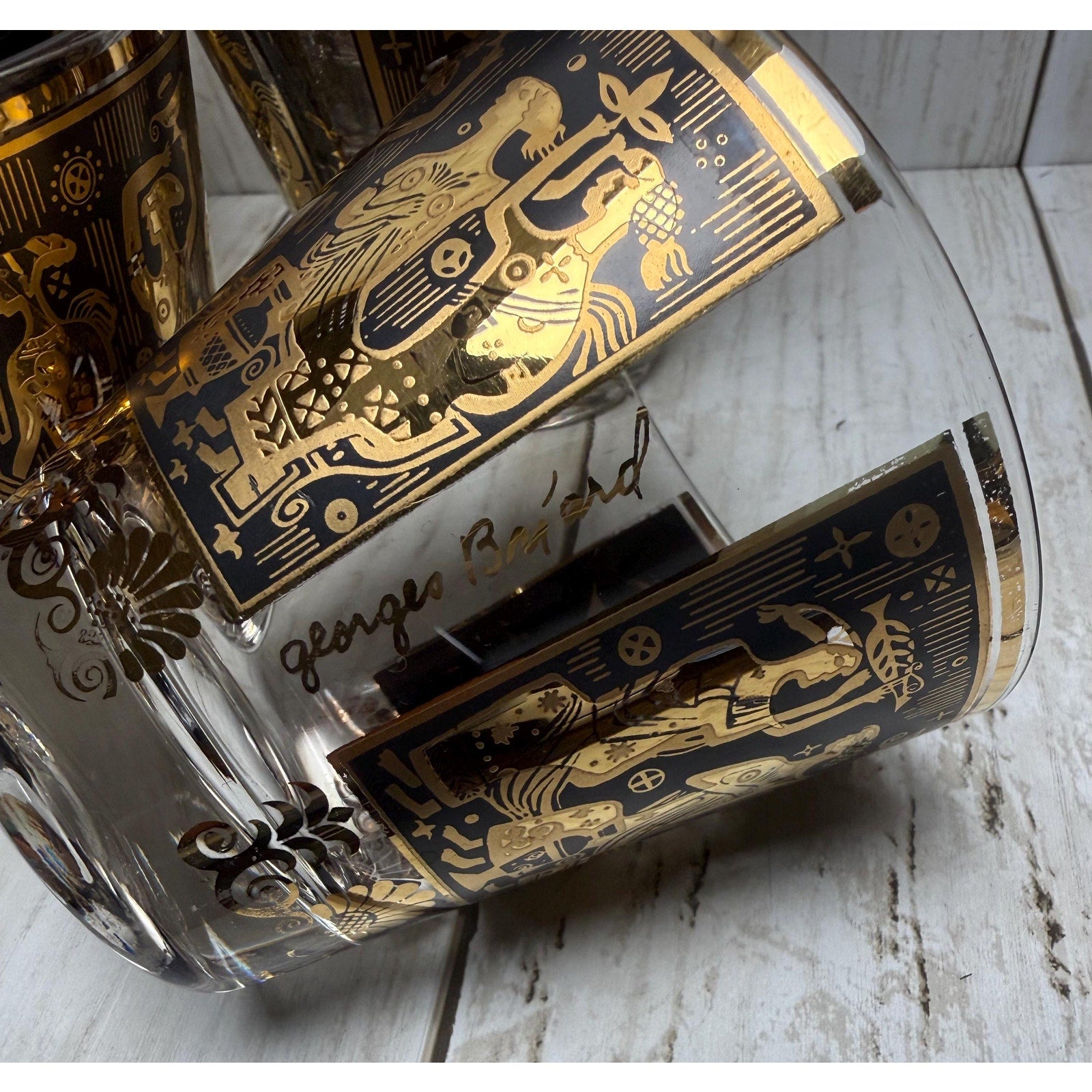 Set of 7 Georges Briard Gold and Black Egyptian Glasses